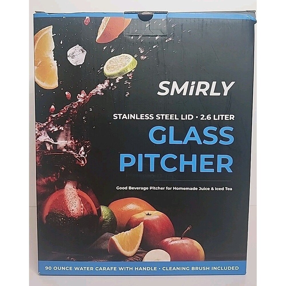 Smirly 90 Ounce Glass Pitcher Water Carafe With Handle W/ Stainless Lid 2.6L NIB
